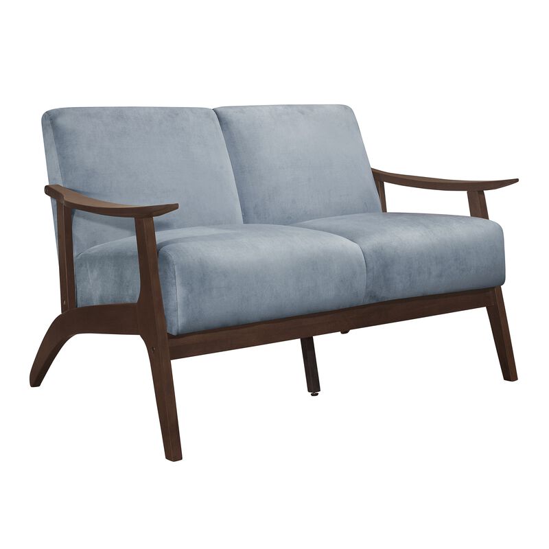 Rica 51 Inch Loveseat, Soft Blue Gray Velvet, Walnut Brown Solid Wood - Benzara