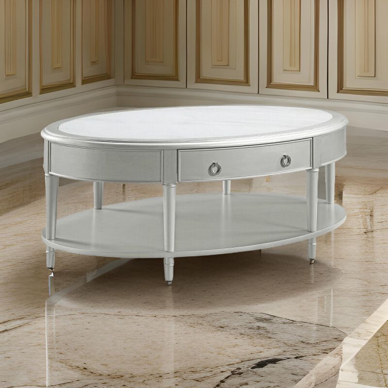 Kyna 50 Inch Coffee Table, Sintered Top, 1 Drawer, Classic Oval, Silver - Benzara