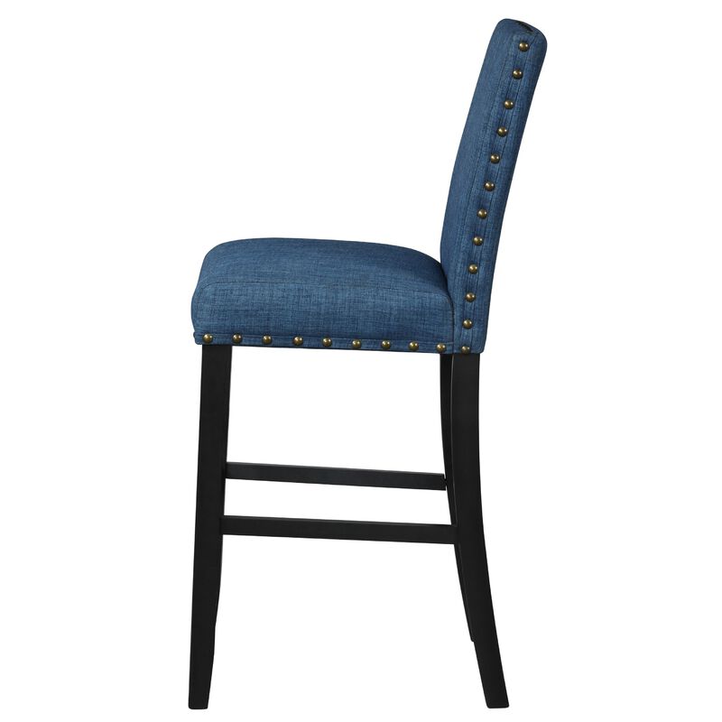 Bar Chair with Fabric Seat and Nailhead Trim, Set of 2, Blue-Benzara