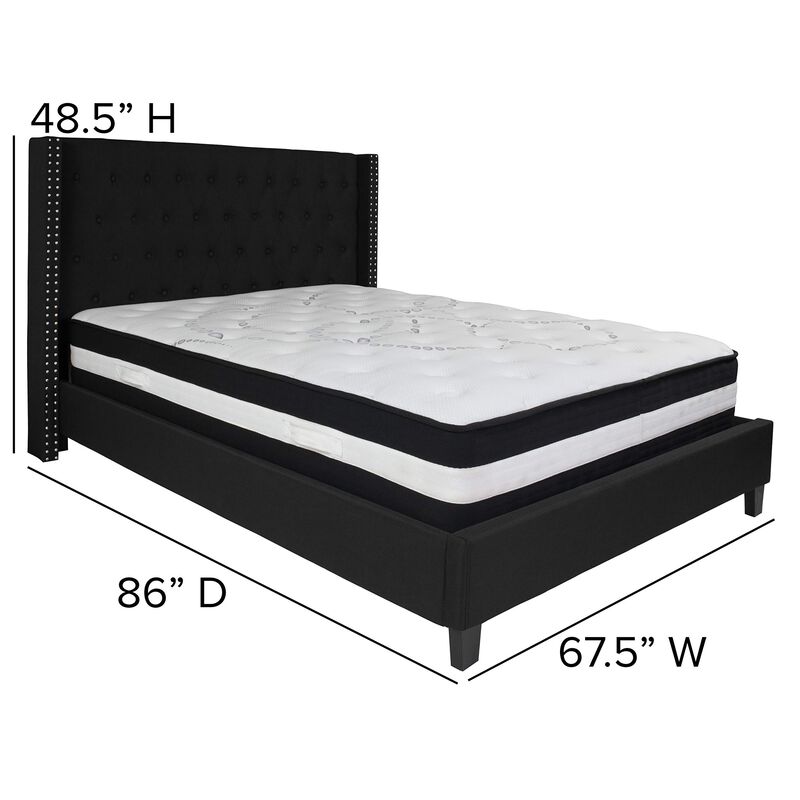 Riverdale Queen Size Tufted Upholstered Platform Bed in Black Fabric with Pocket Spring Mattress