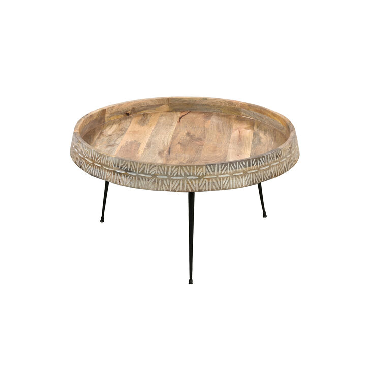 29 Inch Modern Handcrafted Round Coffee Table, Natural Brown Wood Top with Carved Edge, Black Iron Legs-Benzara