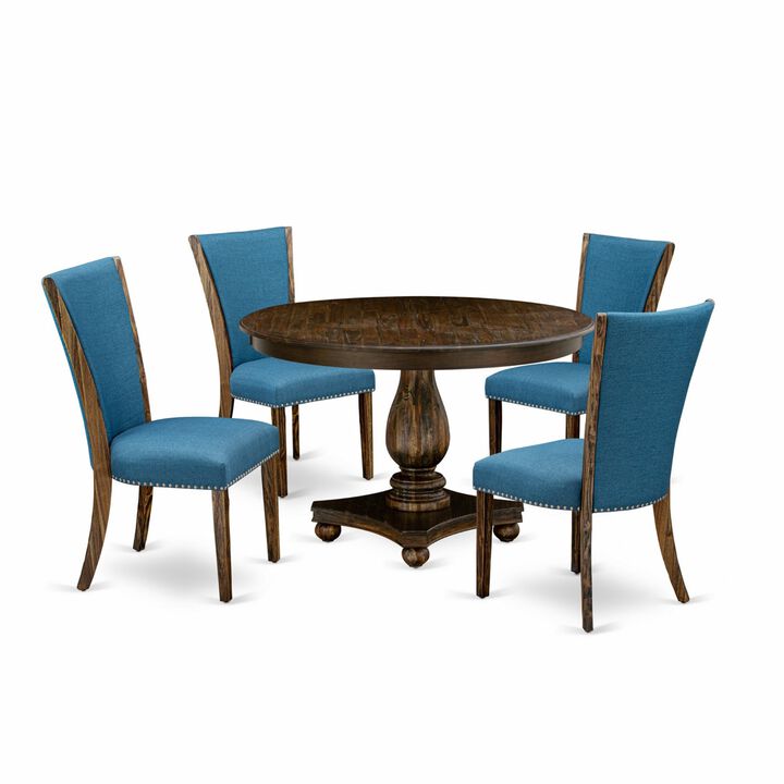 East West Furniture F2VE5-721 5Pc Dining Room Set - Round Table and 4 Parson Chairs - Distressed Jacobean Color