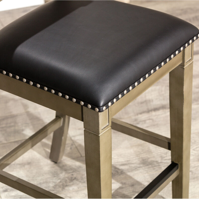 24" Counter Stool, Weathered Gray Finish, Black Leather Seat