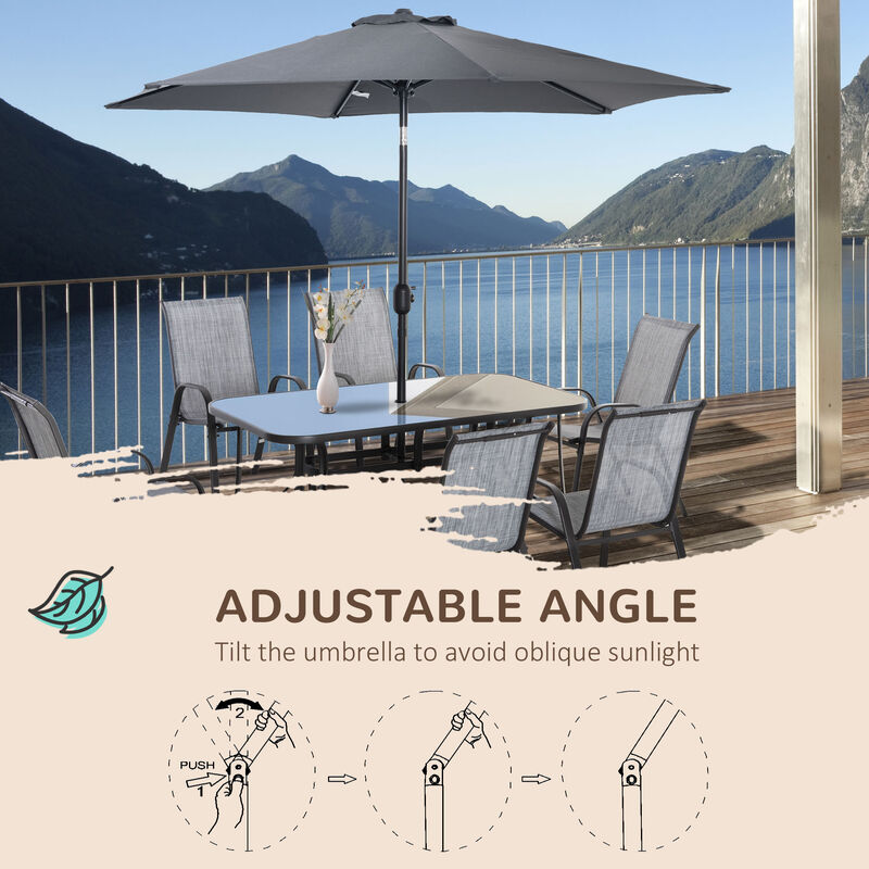 Outsunny 8 Pieces Patio Furniture Set with 9Ft Patio Umbrella, Outdoor Dining Table and Chairs, 6 Chairs, Push Button Tilt and Crank Parasol, Tempered Glass Top, Gray