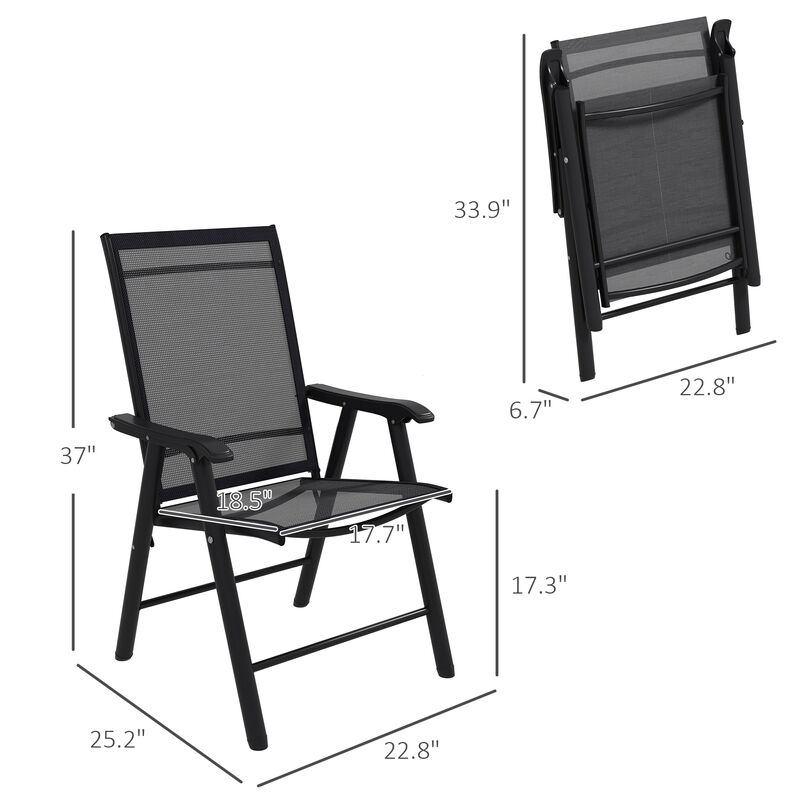 Outsunny Set of 4 Patio Folding Chairs, Stackable Outdoor Sling Patio Dining Chairs with Armrests for Lawn, Camping, Dining, Beach, Metal Frame, No Assembly, Black