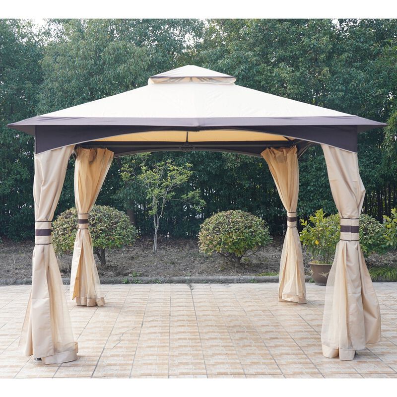 Shaded Outdoor Oasis: 10'x10' Gazebo with Netting and 2-Tier Soft Top