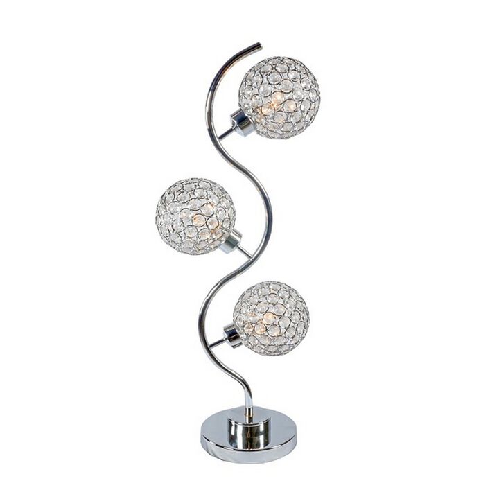 Denise 32 Inch Table Lamp, Metal Frame, Round Base Glass, Crystals, Silver - Benzara