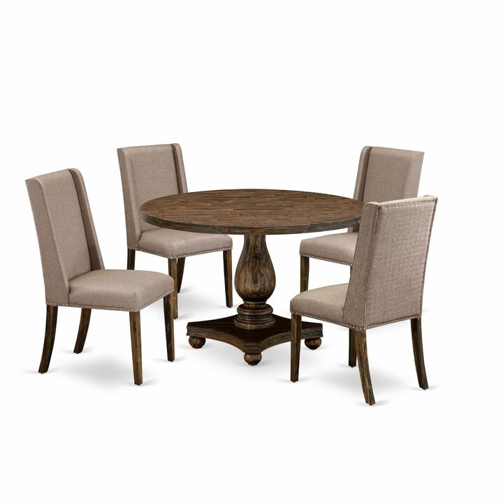 East West Furniture I2FL5-716 5Pc Kitchen Set - Round Table and 4 Parson Chairs - Distressed Jacobean Color