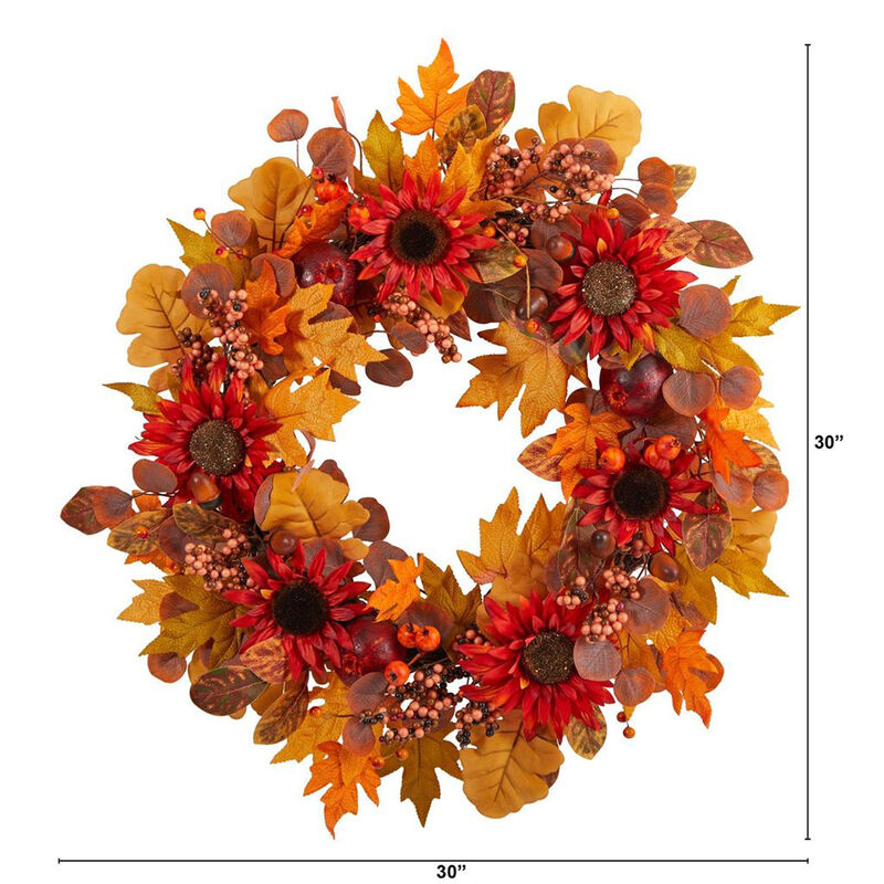 Nearly Natural 30-in Fall Acorn, Sunflower, Berries and Autumn Foliage Artificial Wreath