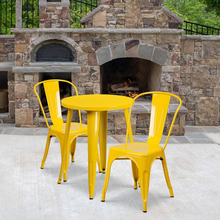 Flash Furniture Commercial Grade 24" Round Yellow Metal Indoor-Outdoor Table Set with 2 Cafe Chairs