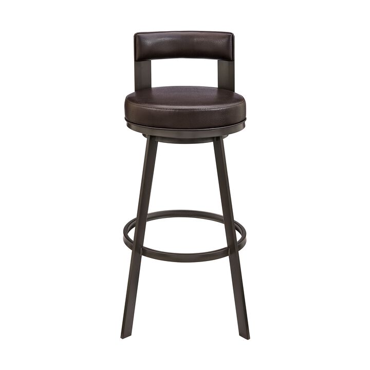 Ami 26 Inch Swivel Counter Stool Chair, Curved Open Back Brown Faux Leather - Benzara