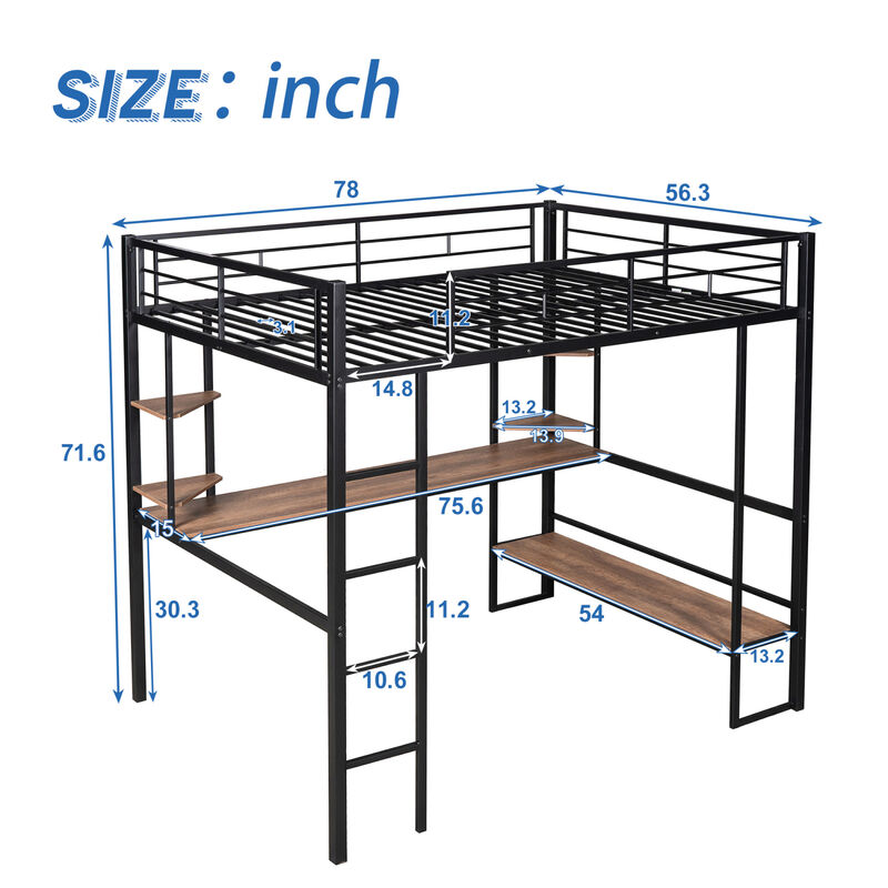 Full Size Loft Metal MDF Bed With Long Desk And Shelves