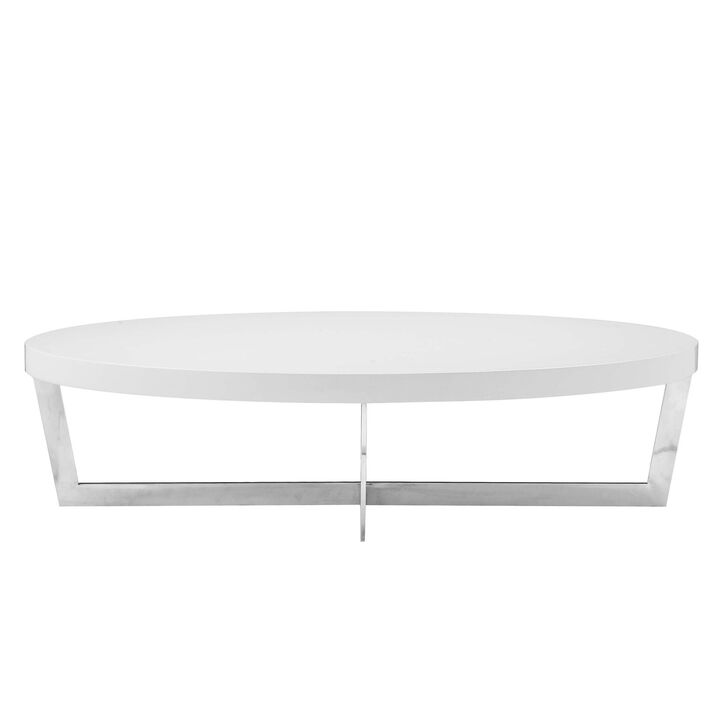 Tini 55 Inch Coffee Table, Oval Shaped Top, Metal Frame, White Finish - Benzara