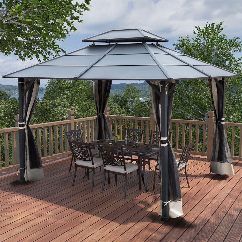 MONDAWE 10 ft×12 ft Metal Hardtop Double Roof Patio Gazebo with Netting and Curtains