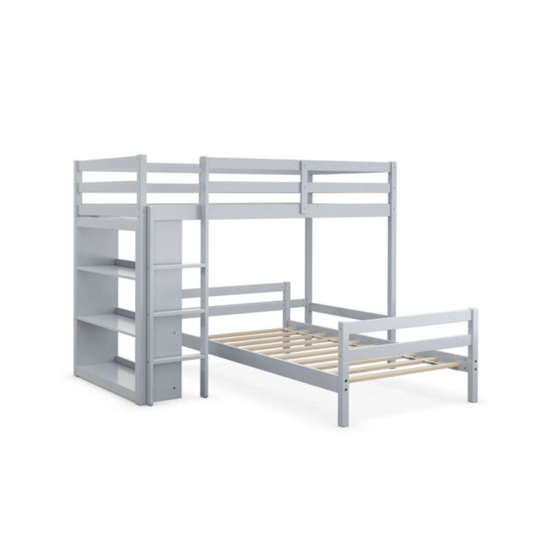 Twin Over Twin Loft Bunk Bed with Bookcase-Gray