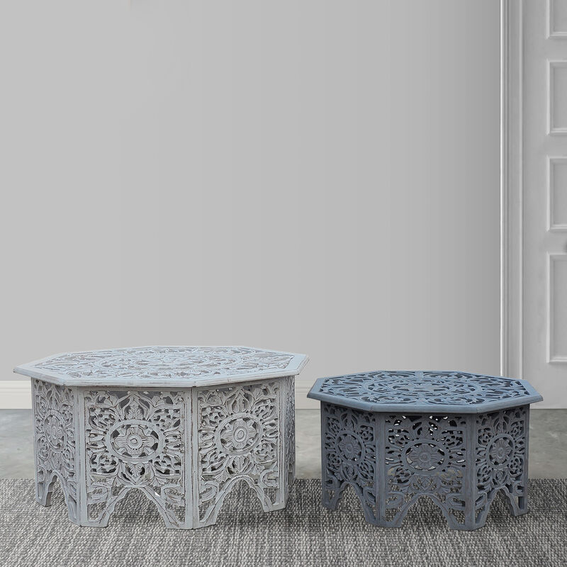 Nesting Coffee Tables, Set of 2, Handcrafted Carved Cut Out Floral Motifs, Antique White and Gray - Benzara