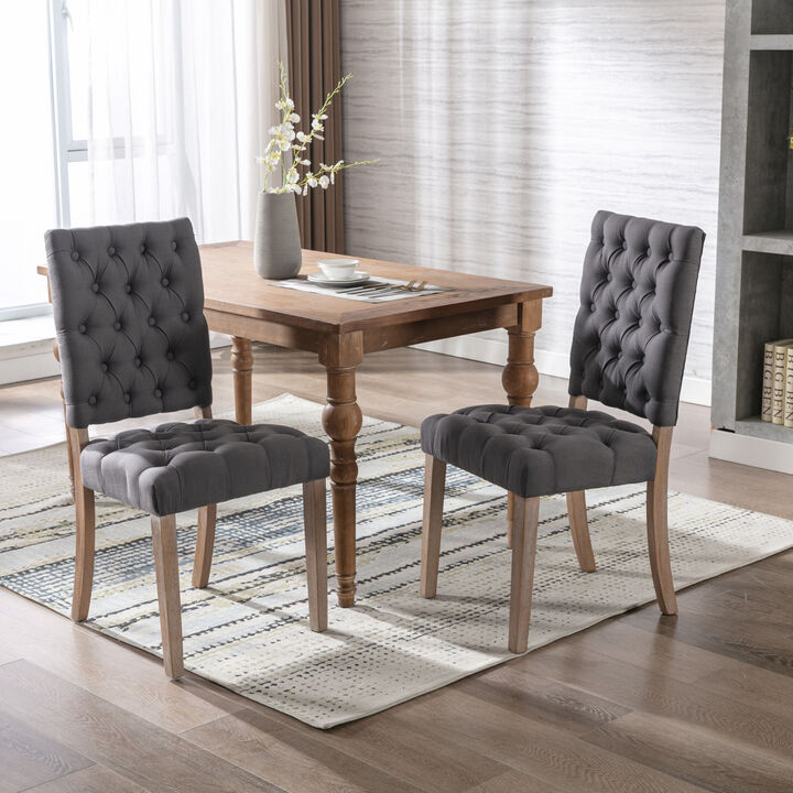 Mid-Century Wooden Frame Linen Fabric Tufted Upholstered Dining Chair, Set of 2,Grey