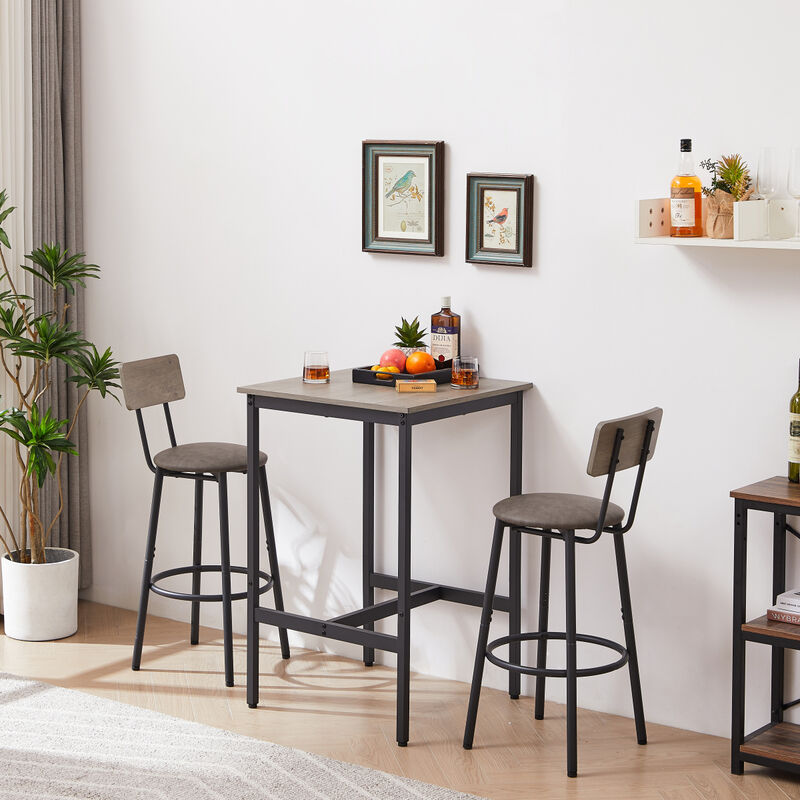 Bar Table Set with 2 Bar stools PU Soft seat with backrest, Grey，23.62’’w x 23.62’’d x 35.43’’h