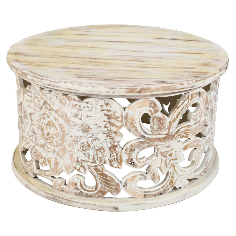 Alina Coffee Table Handcrafted Mango Wood Floral Carved Cut Out Design Distressed White Finish 33 Inch - Benzara