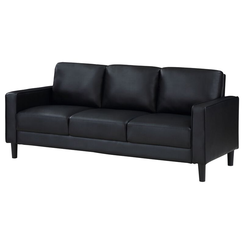 Rumi Sofa, Black Faux Leather, Modern Track Arms, Foam Cushions