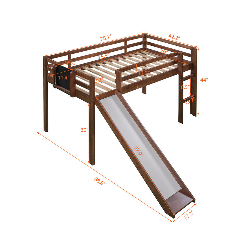 Twin size Loft Bed Wood Bed with Slide, Stair and Chalkboard