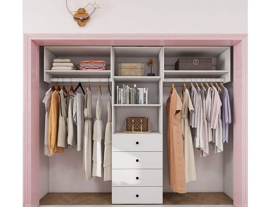 71"H Closet Organizer System, Closet System with 4 Drawers, 2  Clothing Racks， Walk in Closet Organizers and Storage with 5 Shelves Wall Mounted, White Wardrobe Closet for Bedroom