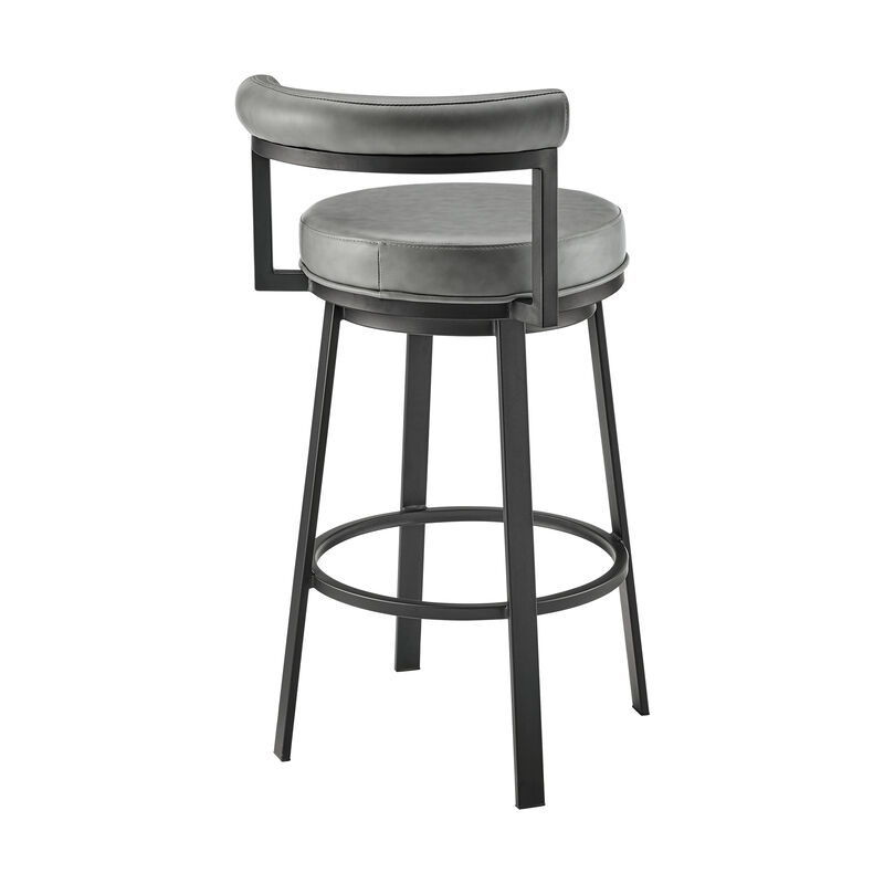 Elysha 30 Inch Swivel Bar Stool Chair, Round Cushion, Gray Faux Leather-Benzara