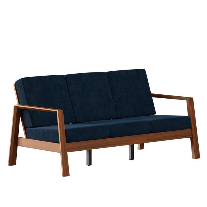 HL Home Furnishings Sofa in Navy Blue Velvet with Cherry Finished Wood Frame