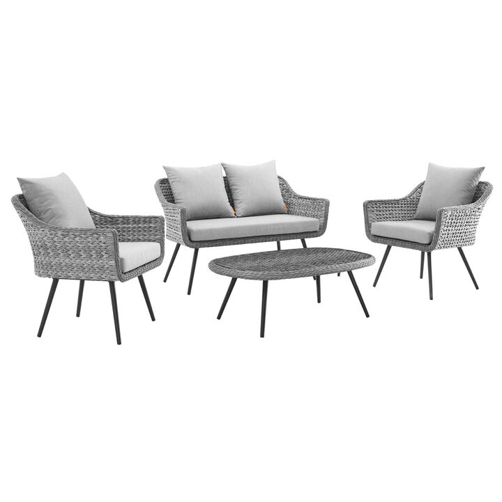 Modway - Endeavor 4 Piece Outdoor Patio Wicker Rattan Loveseat Armchair and Coffee Table Set Gray