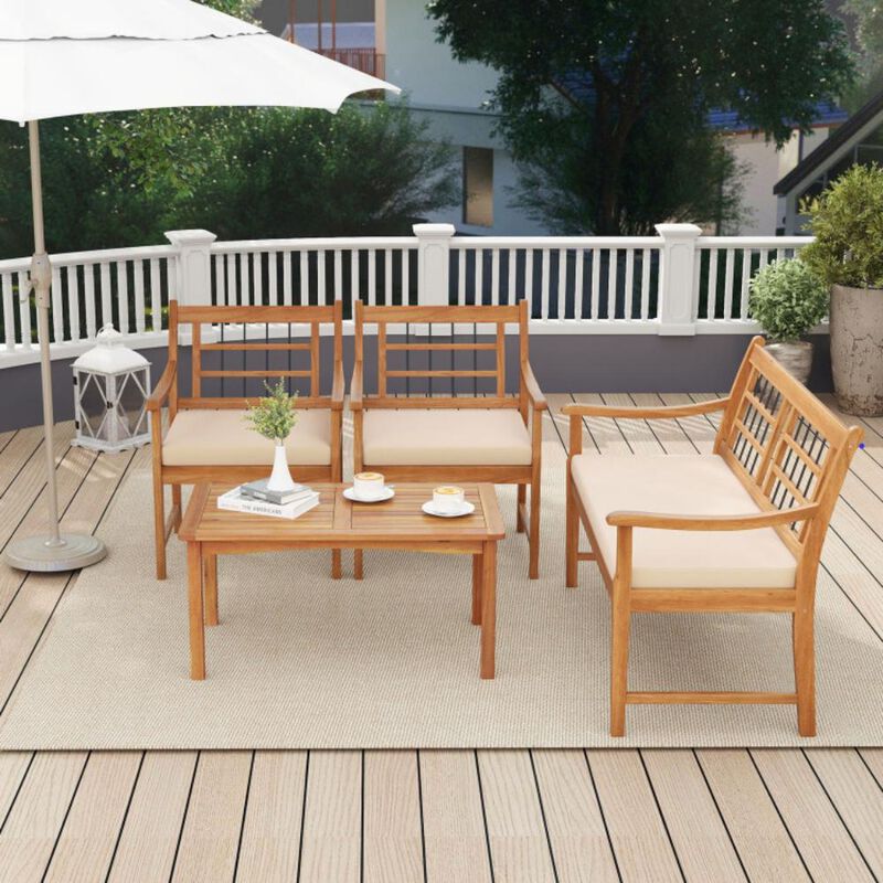 Hivvago 4 Piece Wood Patio Furniture with Armchairs Loveseat and Coffee Table