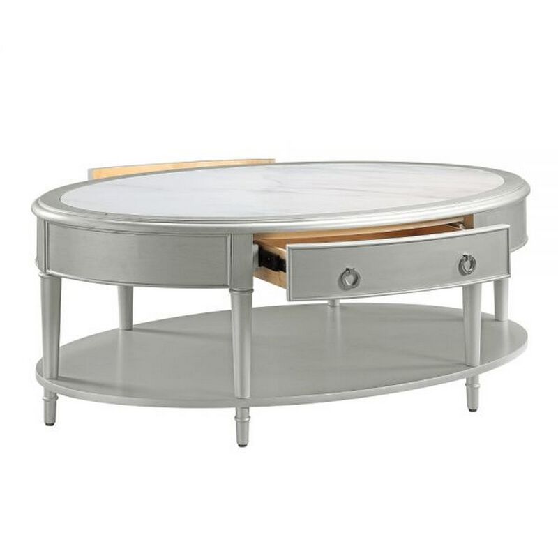 Kyna 50 Inch Coffee Table, Sintered Top, 1 Drawer, Classic Oval, Silver - Benzara