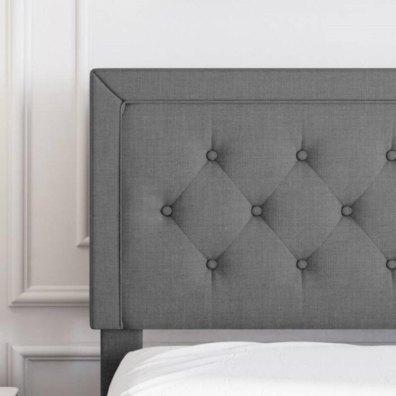 Hivvago King Size Dark Grey Linen Upholstered Platform Bed with Button Tufted Headboard