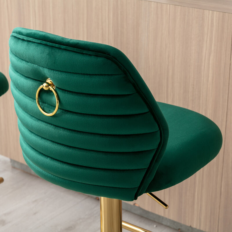 Swivel Bar Stools Chair Set of 2 Modern Adjustable Counter Height Bar Stools, Velvet Upholstered Stool with Tufted High Back & Ring Pull for Kitchen, Chrome Golden Base, Green