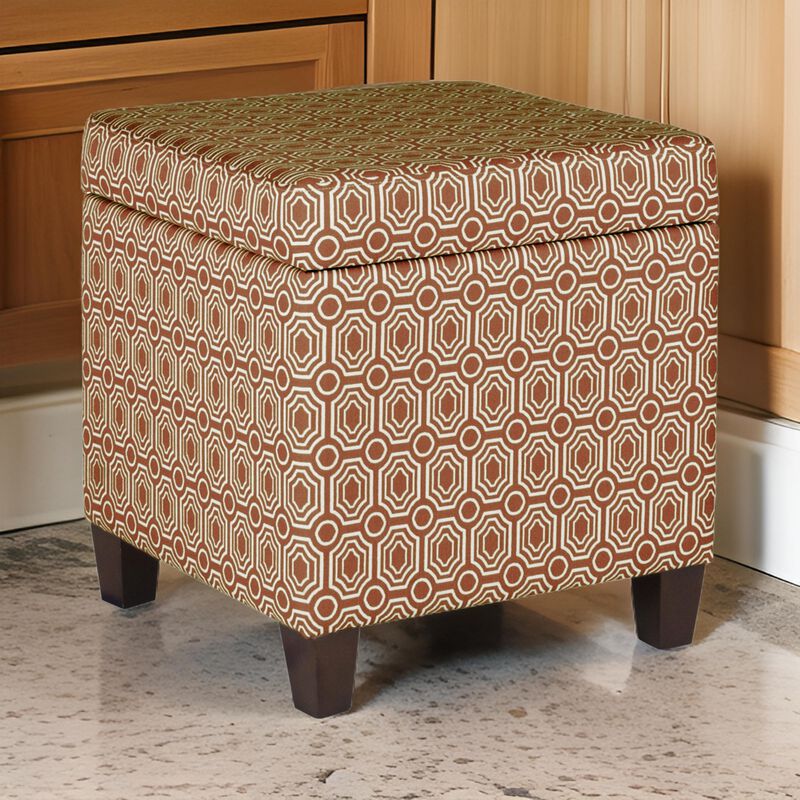Geometric Patterned Square Wooden Ottoman with Lift Off Lid Storage, Orange and Cream - Benzara