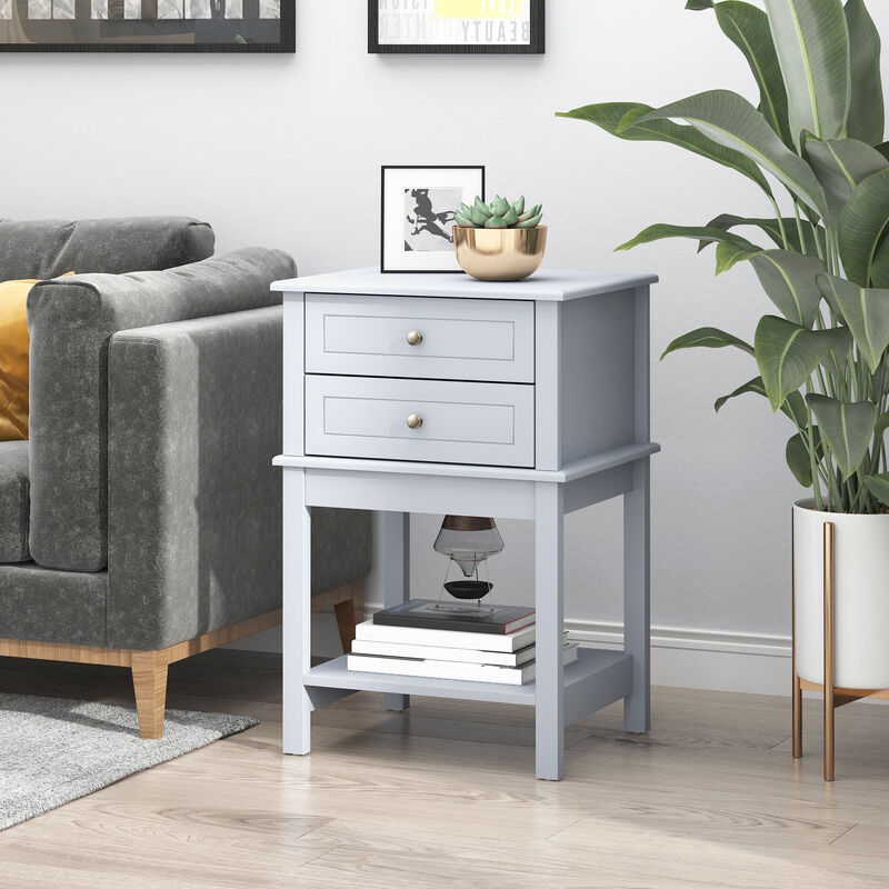 HOMCOM Side Table with 2 Storage Drawers, Modern End Table with Bottom Shelf for Living Room, Home Office, Light Gray