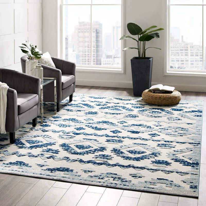 Reflect Takara Distressed Contemporary Abstract Diamond Moroccan Trellis 8x10 Indoor and Outdoor Area Rug - Ivory and Blue