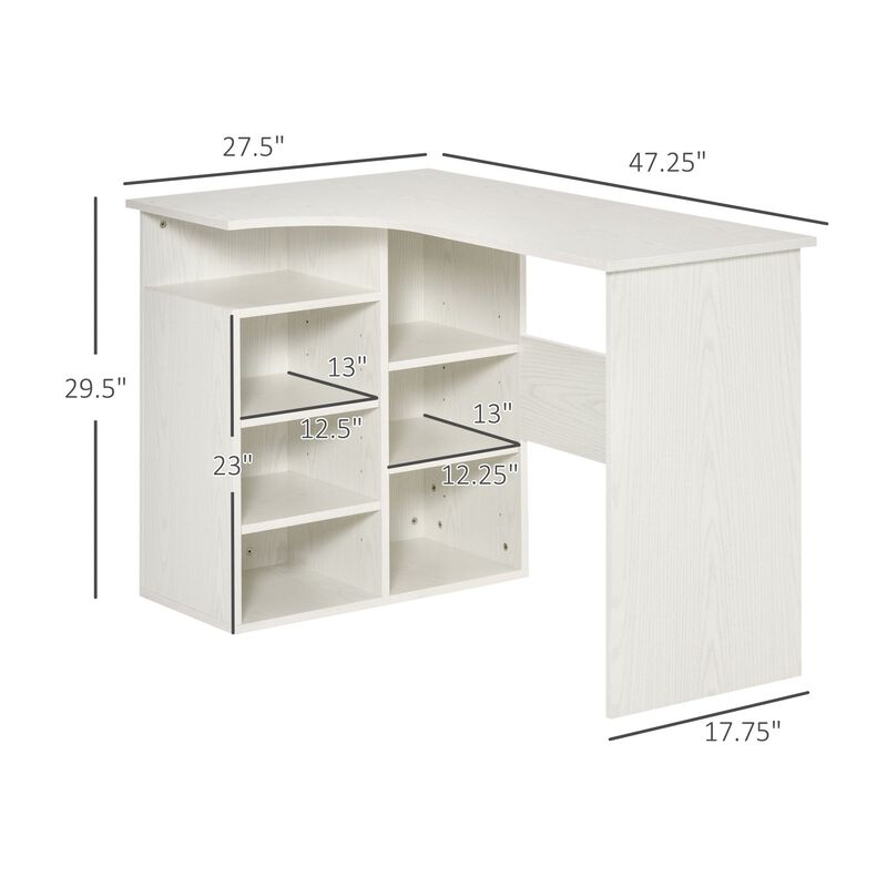 L-Shaped Corner Home Office Computer Desk, Study Table PC Workstation with Storage Shelf, Space Saving, White Wood Grain