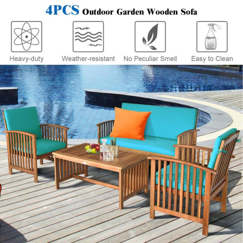 Hivvago 4 Pieces Patio Solid Wood Furniture Set with Water Resistant Cushions