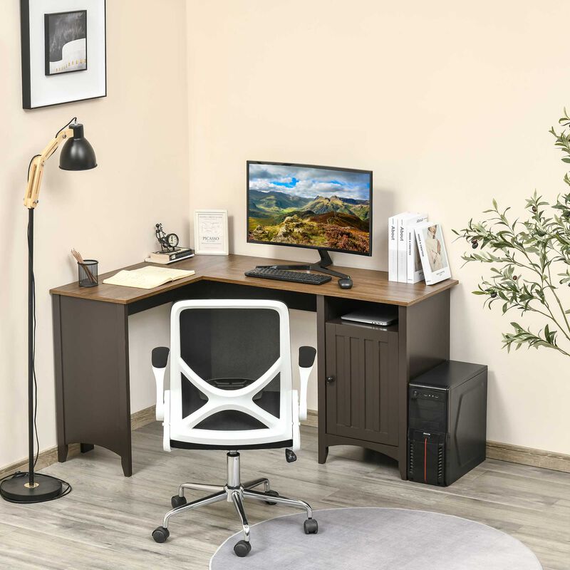 Coffee/Walnut L-Shaped Computer Desk: with Open Shelf and Storage Cabinet, Corner Writing Desk with Adjustable Shelf