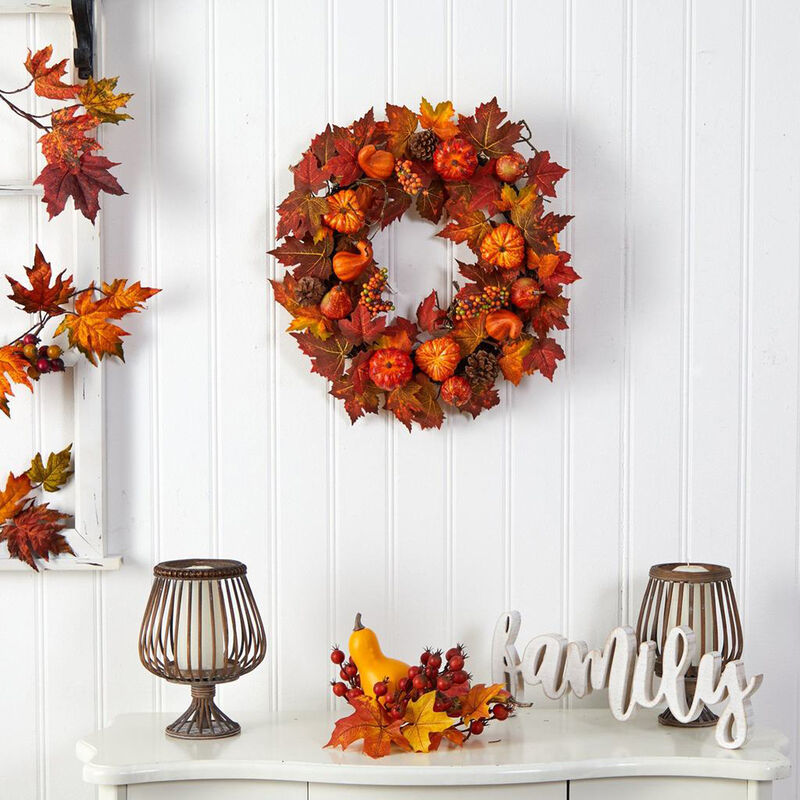 Nearly Natural 24-in Autumn Maple Leaves, Pumpkin, Pinecone and Berries Artificial Fall Wreath