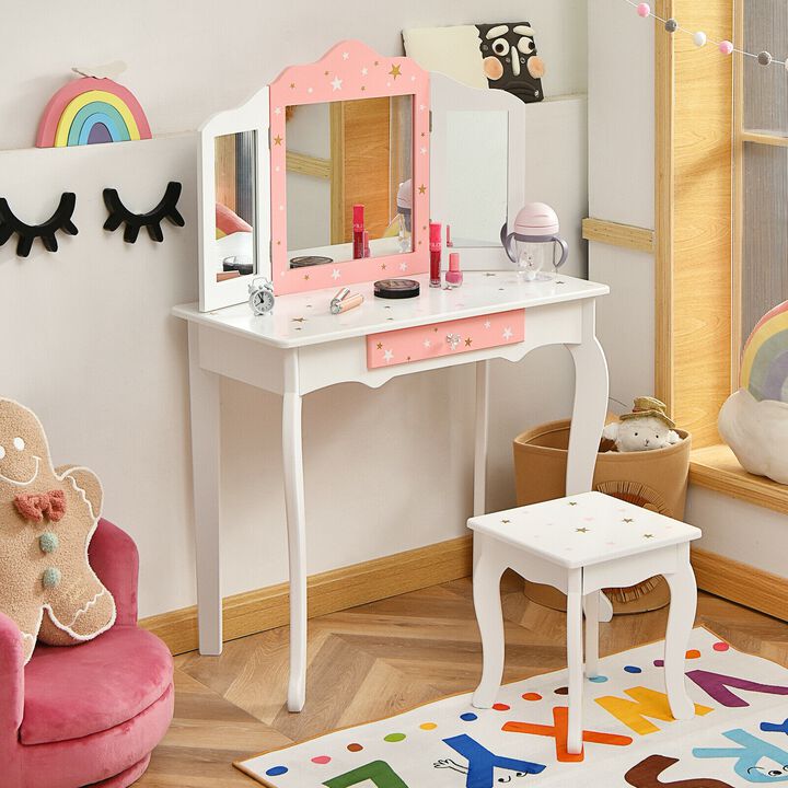 Kids Princess Vanity Table and Stool Set with Tri-folding Mirror and Drawer