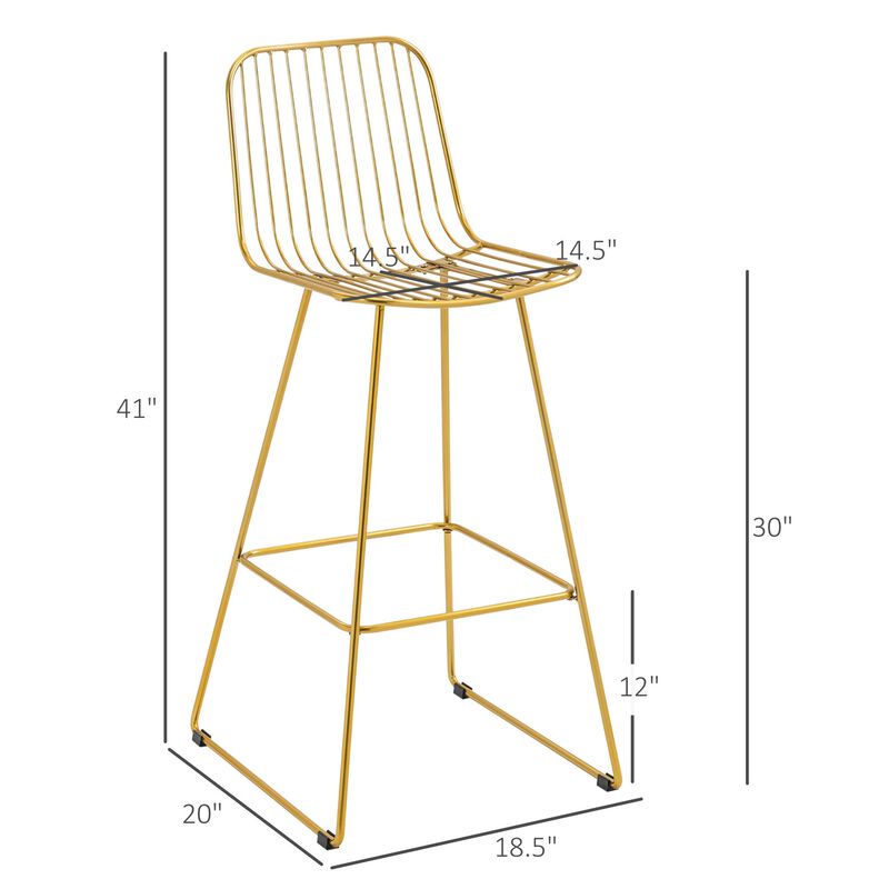 Modern Bar Stools, Metal Wire Bar Height Barstools, 30" Seat Height Bar Chairs for Kitchen with Back and Footrest, Set of 4, Gold