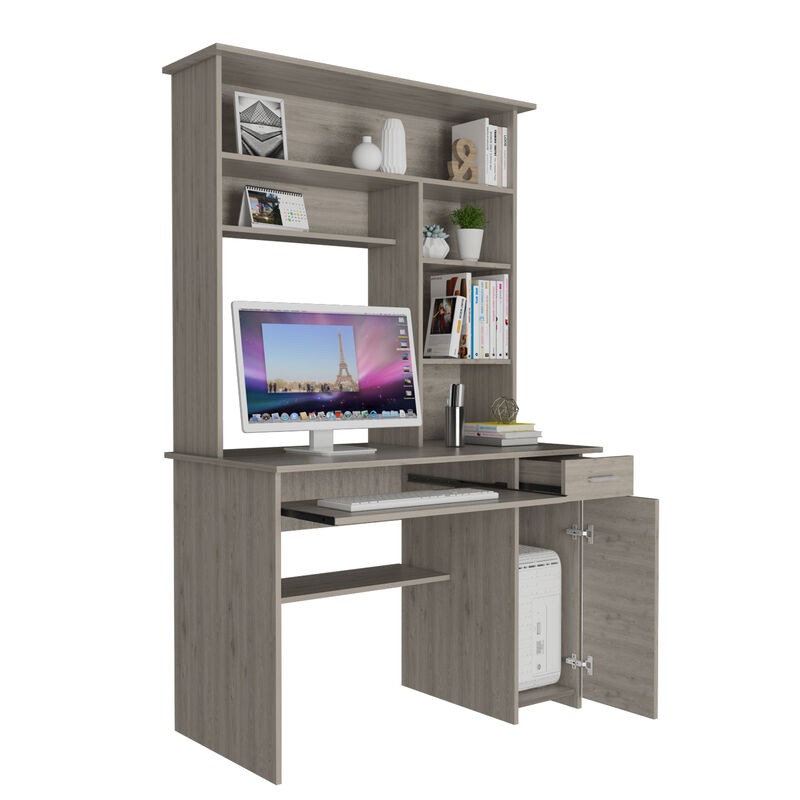 DEPOT E-SHOP Xalo 180 Compu Hutch Desk, Keyboard Tray, Door Panel For CPU, Multiple Shelves, One Drawer, Light Gray