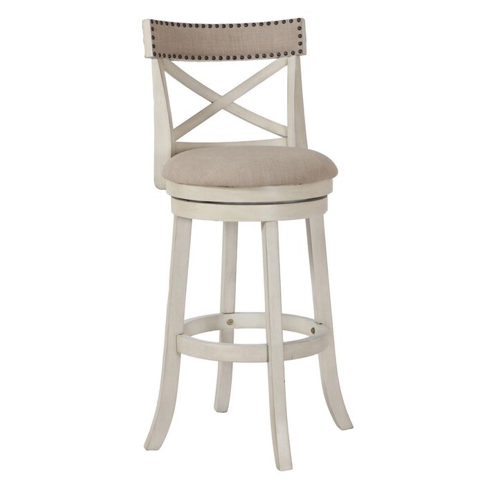 Curved X Shaped Back Swivel Barstool with Fabric Padded Seating, Antique White-Benzara