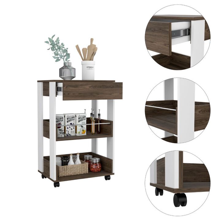 DEPOT E-SHOP Pillar Kitchen Cart, Four Casters, Three Shelves, White / Dark Walnut