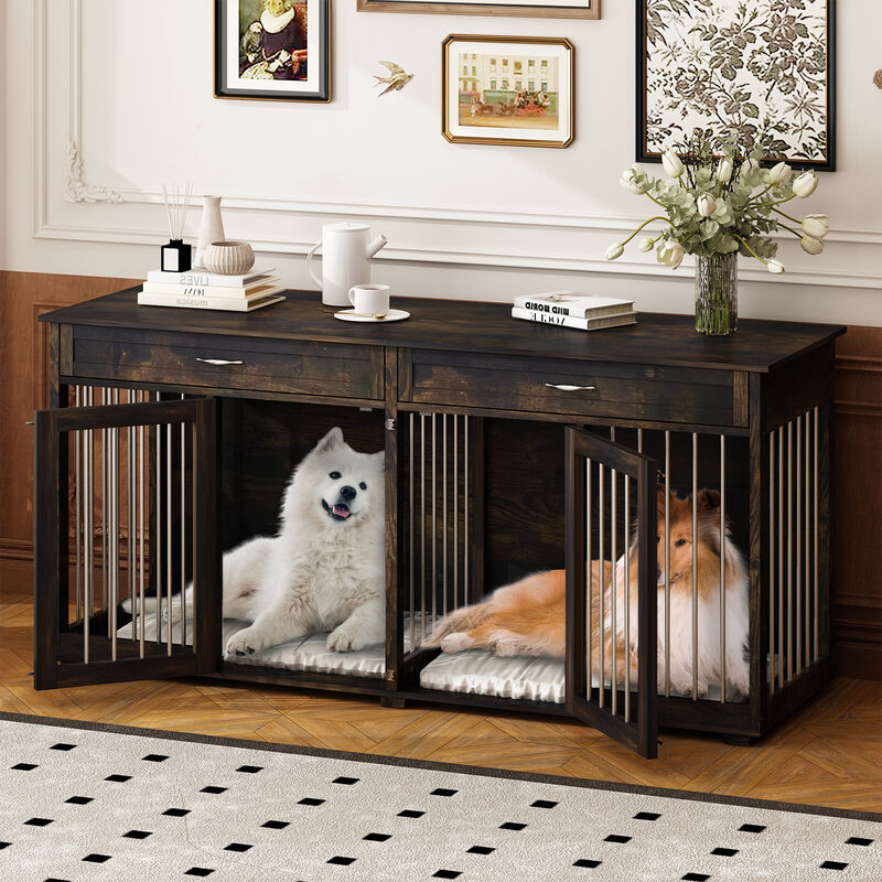 Large Wooden Dog House with Drawers and Divider Indoor Furniture Style Dog Crate Dark Tiger Skin Dog Cage for L M S Dogs