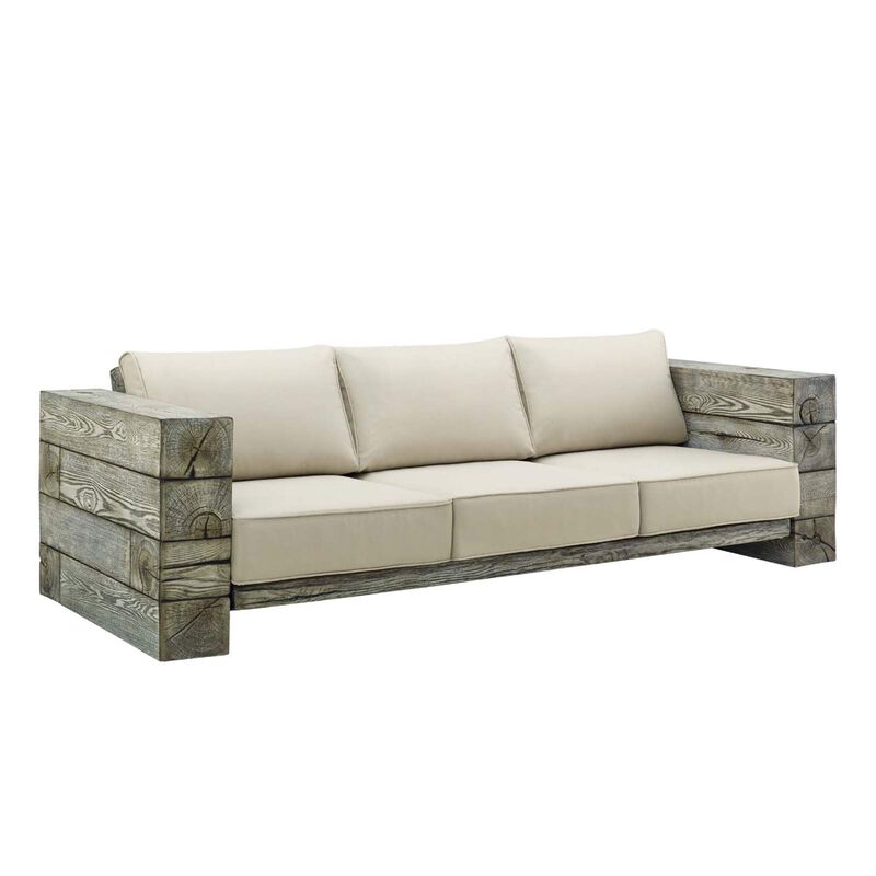 Manteo Outdoor Patio Sofa - Rustic Coastal Design, Driftwood Texture, All-Weather Cushions, Sturdy & Reliable, Perfect for Outdoor Spaces.