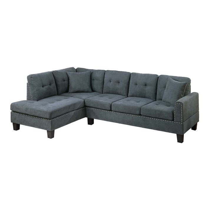 Dema 2pc Sectional Sofa Set, Chaise, 2 Pillows, Textured Black Velvet