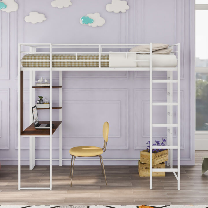 Twin Metal Loft Bed with 2 Shelves and one Desk, WHITE