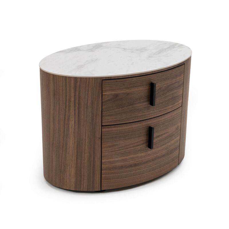 Cid Anay 27 Inch Nightstand, Oval Faux White Marble Top, Walnut Veneer-Benzara